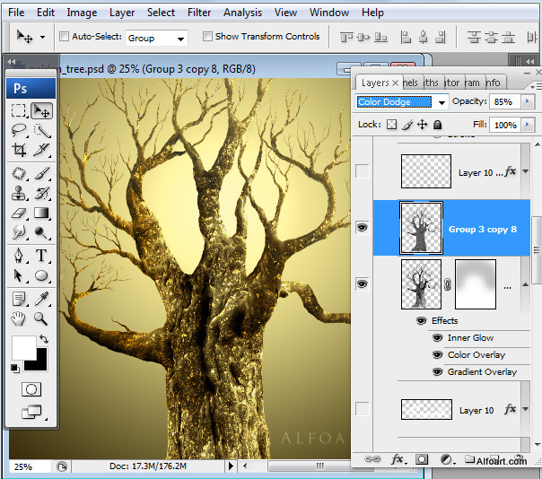 Golden apple tree. Magic scene. Adobe Photoshop Tutorial.
